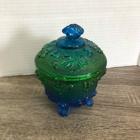 Vtg Jeanette Glass Blue Green Footed Dish - Picture 4 of 13